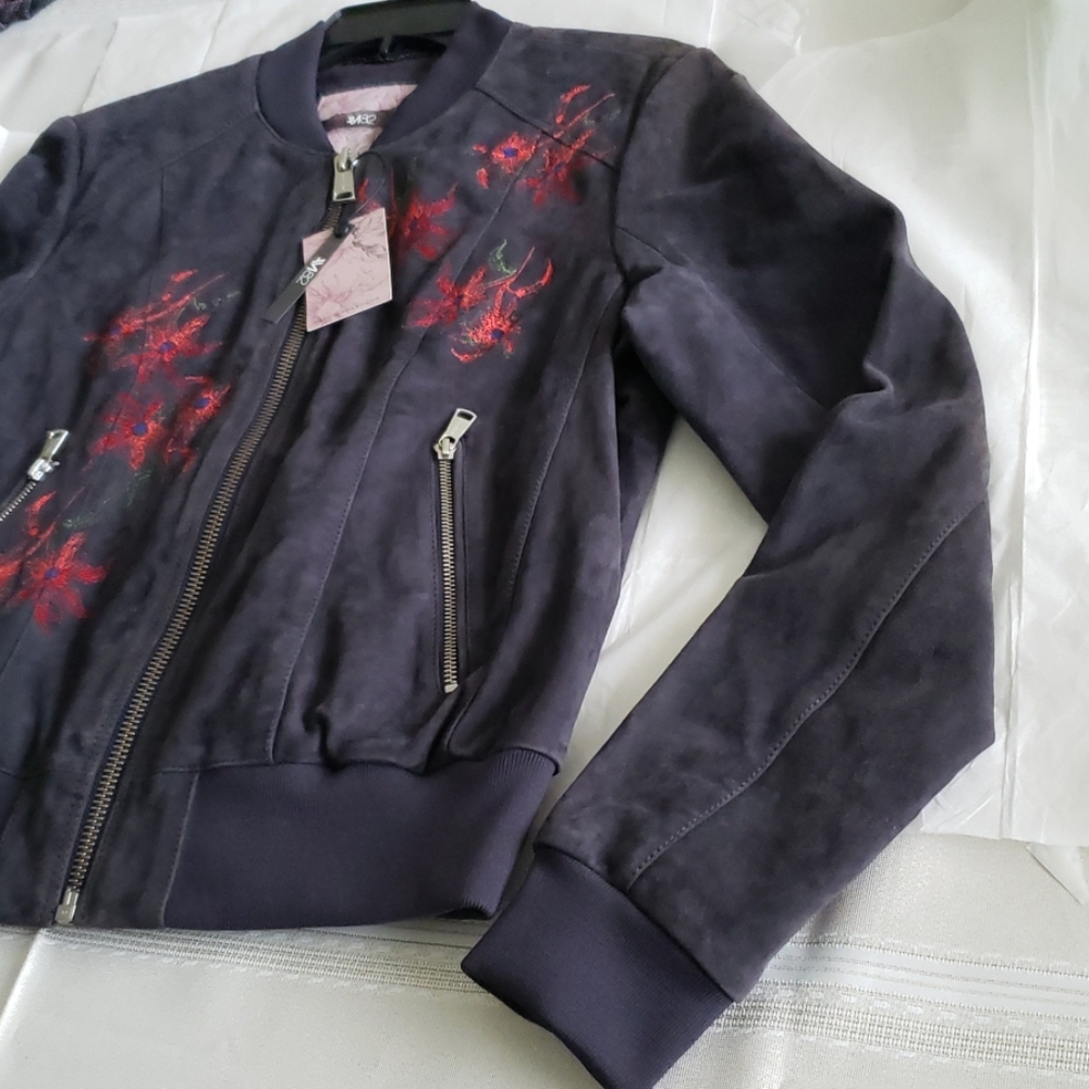 Andrew Marc New Bomber Embroidered Suede Leather Jacket Navy Women's M - Picture 12 of 16